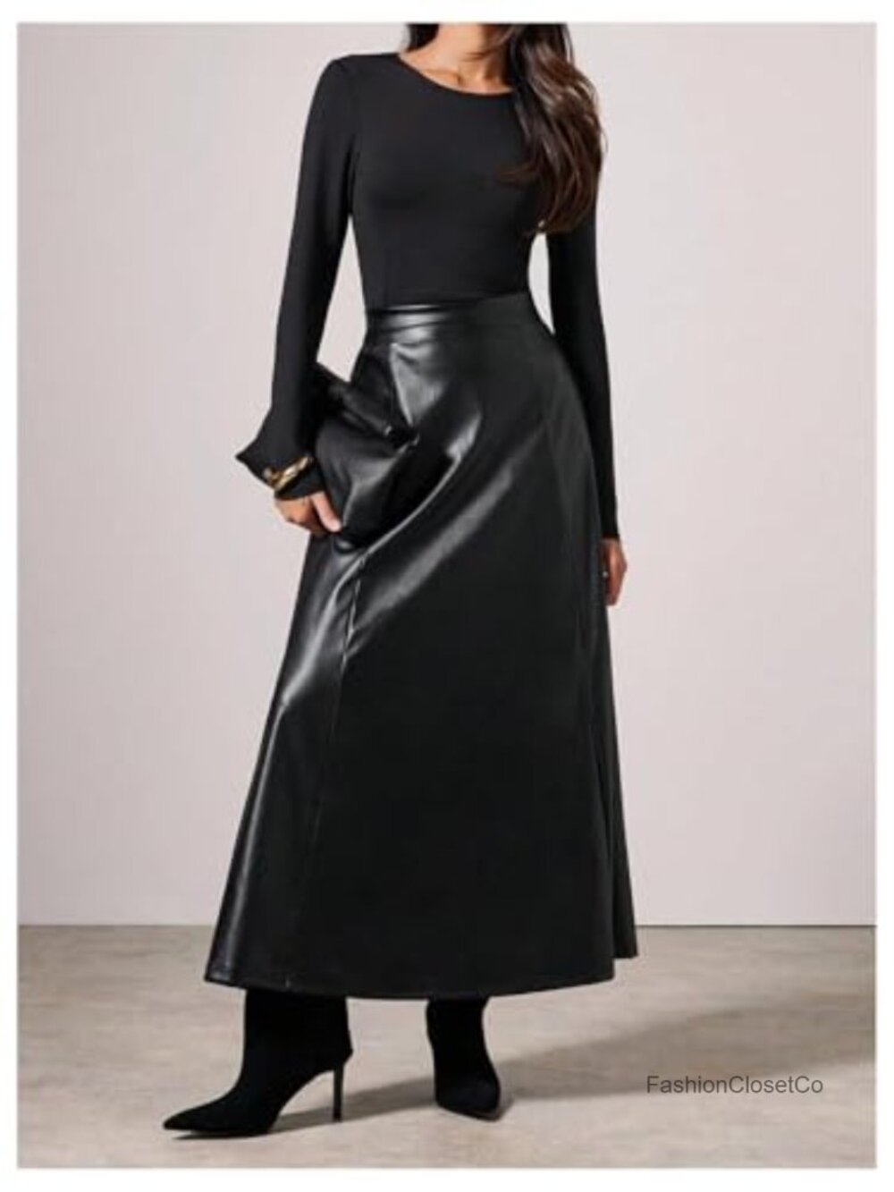 Faux Leather Maxi Skirt High Waisted A Line Flare Hem Going Out - Picture 4 of 4